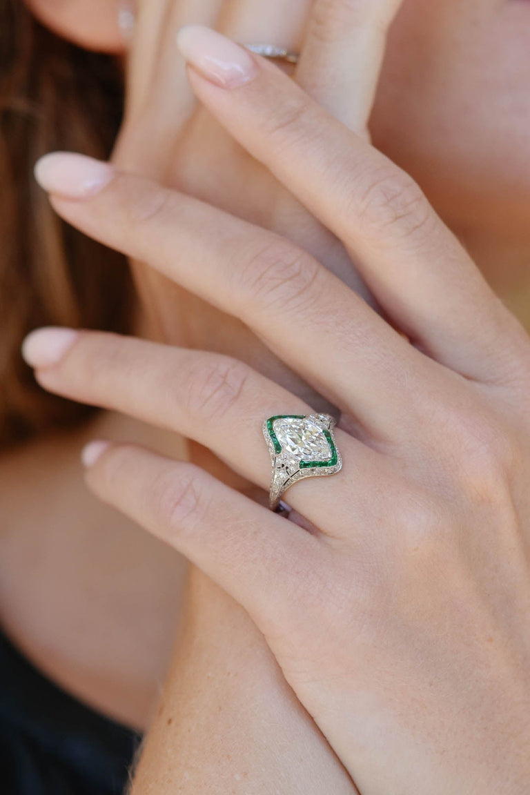 Art Deco 1.55 Carat Marquise Cut Diamond and Emerald Ring