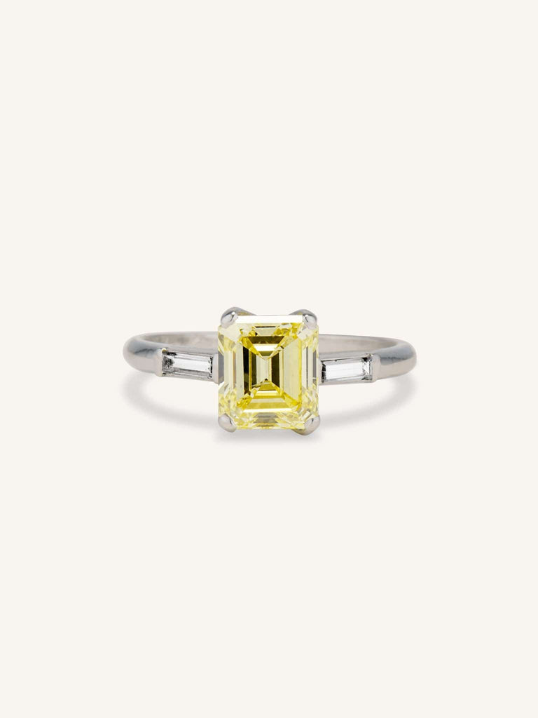 Art Deco 1.86 Carat Emerald Cut Intense Fancy Yellow Diamond Engagement Ring