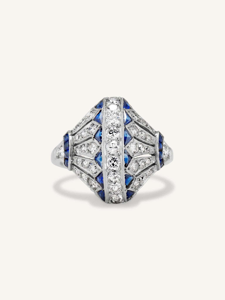 Art Deco Sapphire & Diamond Encrusted Egyptian Revival Dinner Ring