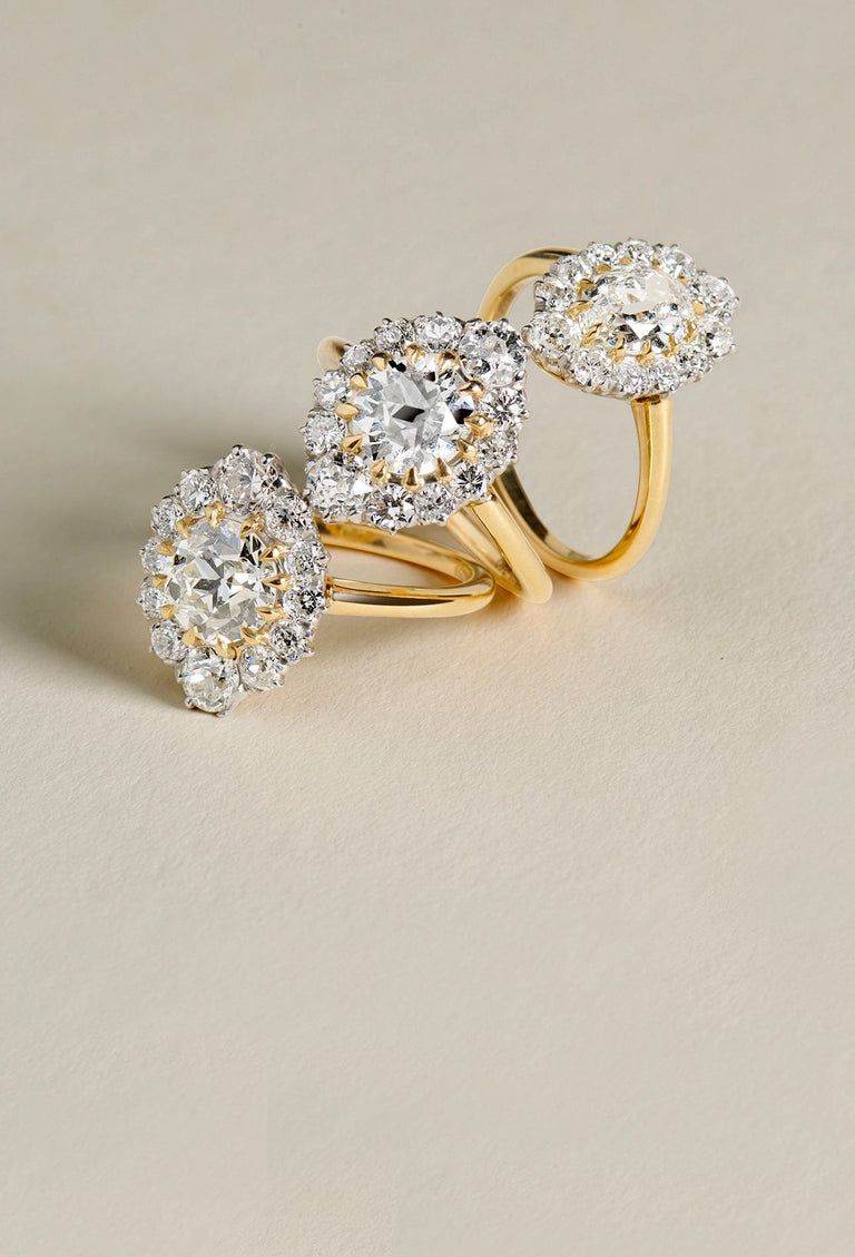 Leia cluster vintage inspired engagement rings set with antique diamonds in gold and platinum