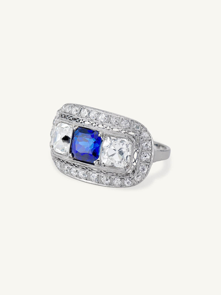Early Art Deco 2.15 Carat Old Mine Cushion Cut Sapphire & Diamond Ring