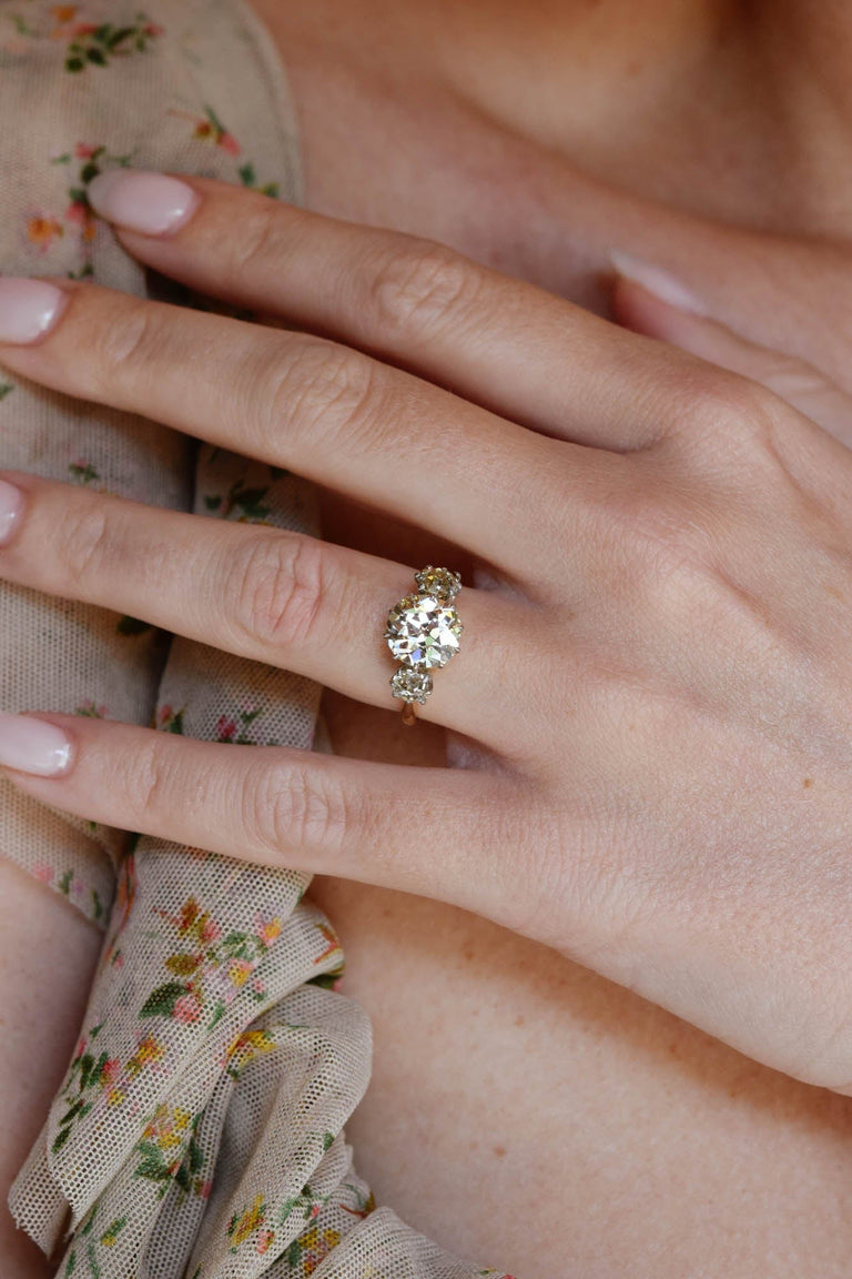 Edwardian 2.66 Carat Three Stone Antique Old European Diamond Vintage Engagement Ring