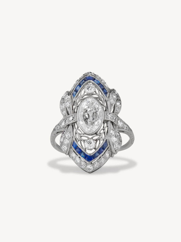 Edwardian Moval Shaped Diamond and Sapphire Dinner Ring