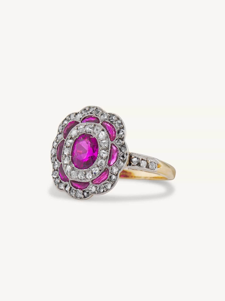Edwardian Ruby Florette Scalloped Cluster Ring