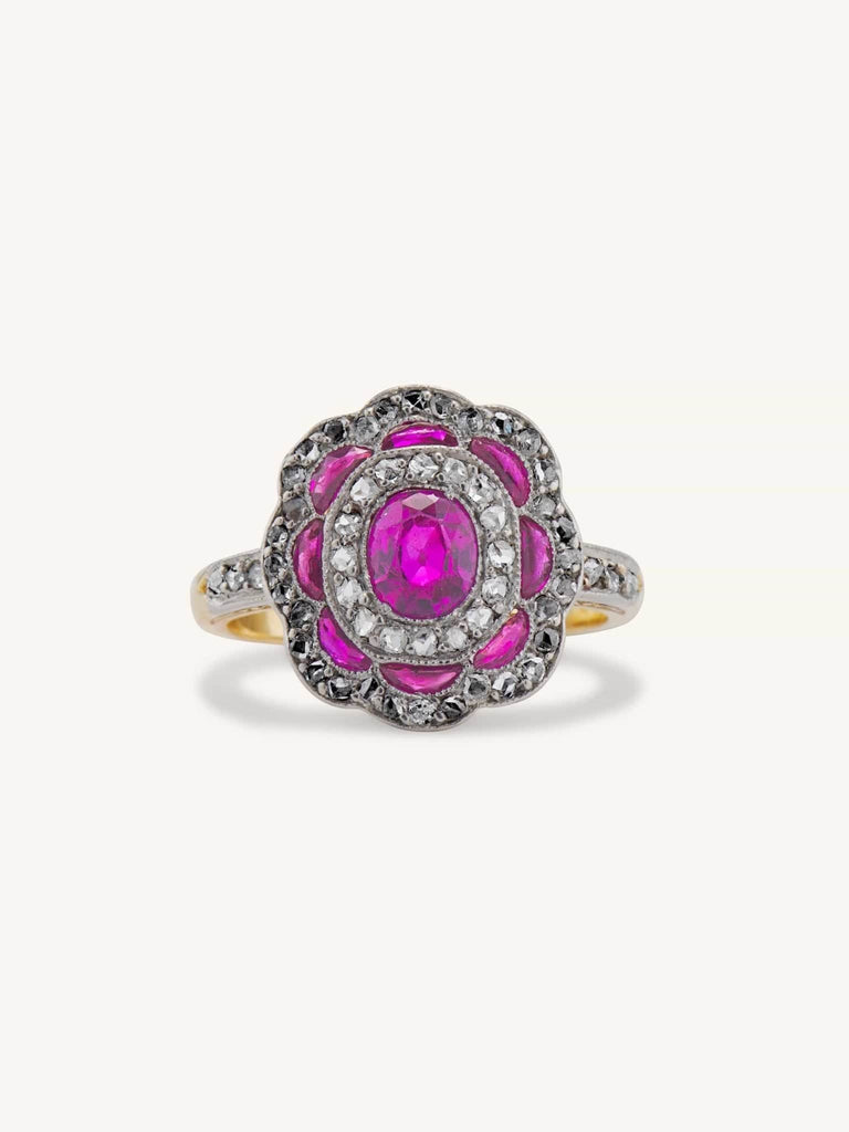 Edwardian Ruby Florette Scalloped Cluster Ring