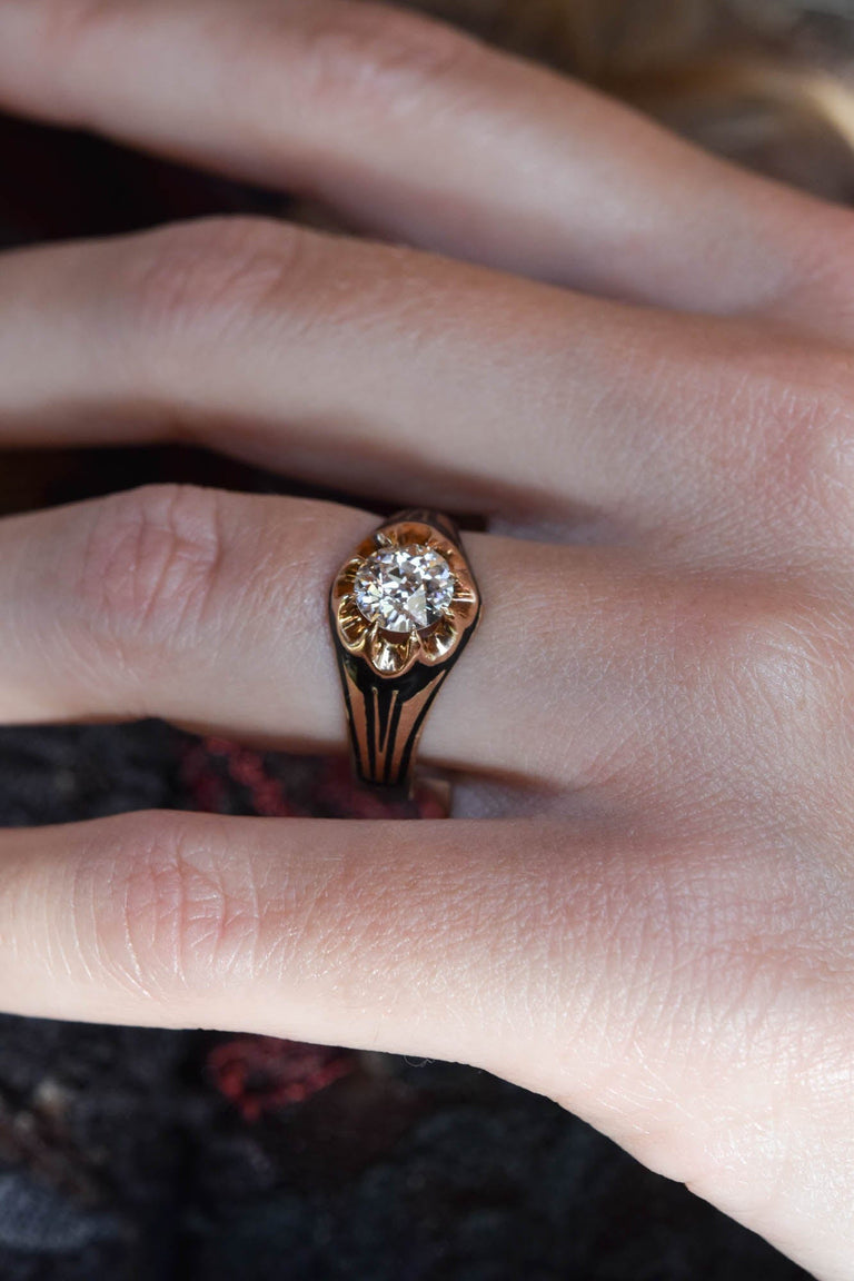 Victorian 1.11 Carat Old European Cut Diamond & Enamel Belcher Antique Engagement Ring