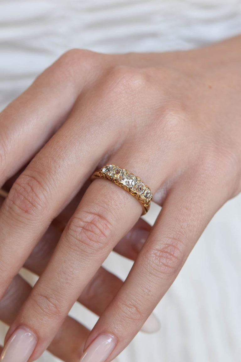 Victorian 1.20 Carat Old Mine Diamond Five Stone Antique Carved Half Band