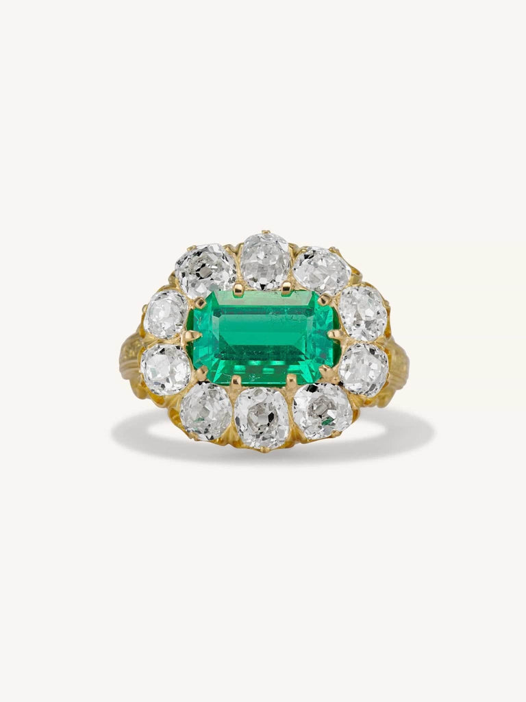 Victorian Etruscan Revival 2.01 Carat Emerald & Diamond Cluster Vintage Ring