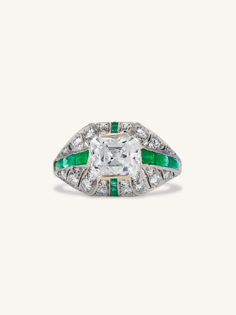 J.E. Caldwell Art Deco 1.84 Carat Emerald Cut Diamond and Emerald Vintage Engagement Ring